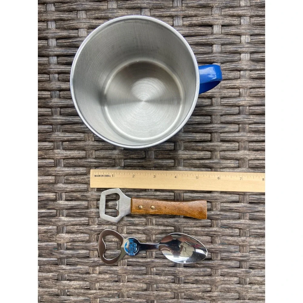 Busch Light Tin Mug and Vintage Bottle Opener Set Blue Enamel Style Cup Spoon - Picture 2 of 5